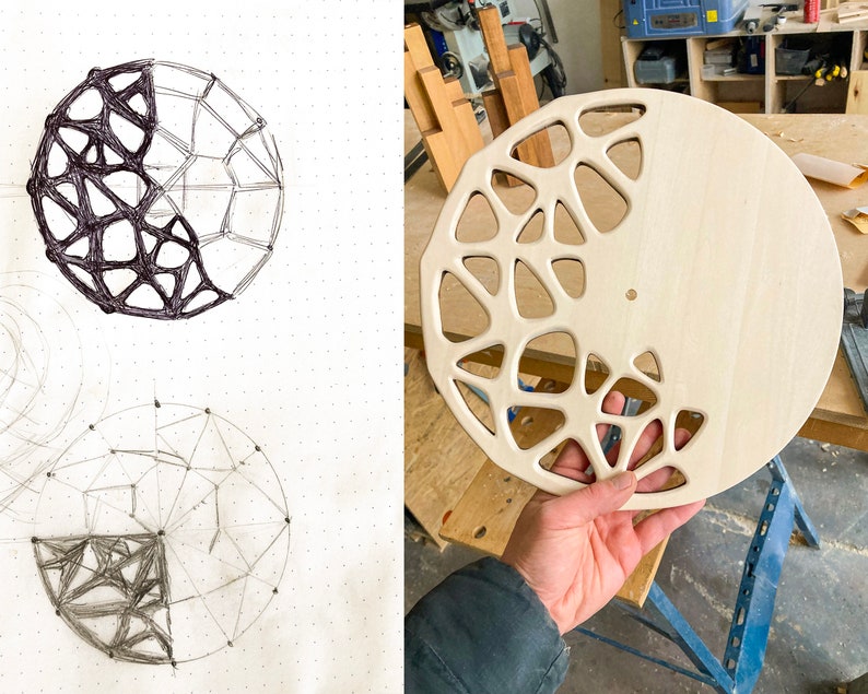 Houten wandklok 12, 30cm topologie geoptimaliseerd wanddecor, ambachtelijk beeldhouwwerk, geometrisch futuristisch ontwerp, handgemaakte houten wandklok afbeelding 10
