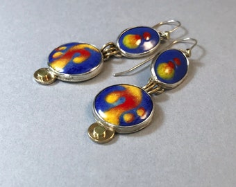 Sterling silver earrings with hand painted hot glass enameled components, enameled jewelry, fashion statement sterling silver earrings