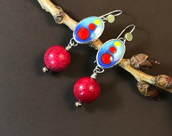 Sterling silver earrings with hand painted hot glass enameled component and red bamboo coral bead,  small dangle handcrafted silver earrings