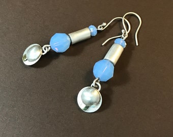 Small sterling silver earrings with opalescent pale blue swarowski  beads, and silver cylinder, handcrafted small earrings, something blue