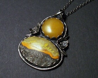 OOAK silver pendant with yellow cabochons, fine silver jewelry, handmade silver necklace, gift for her, long chain pendant, artisan jewelry