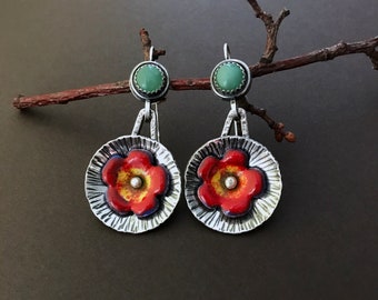 Sterling silver earrings with hand painted flower enamel accent and aventurine cabochon, hand made sterling silver earrings, artisan jewelry
