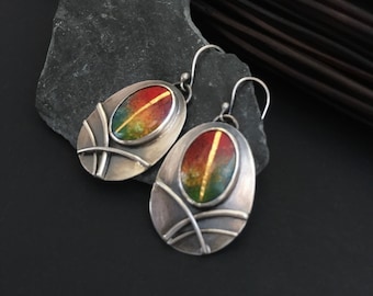 Sterling silver earrings with hand painted enamel cabochon, hand painted enamel earrings, woman  jewelry, gift for her, oval silver earrings