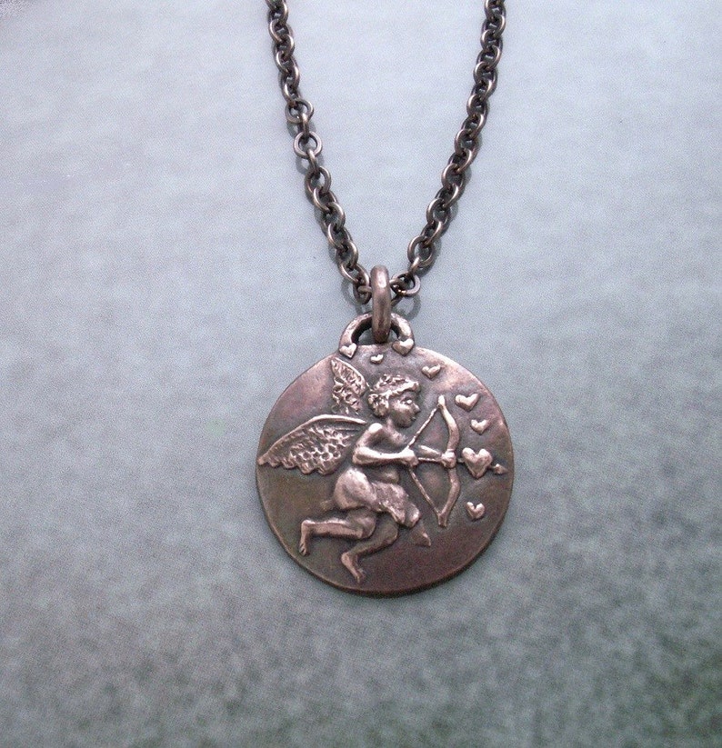 Cupid necklace, copper pendant with cupid and hearts, Valentine's Day gift for her, bow and arrow, copper jewelry, handmade copper pendant image 3