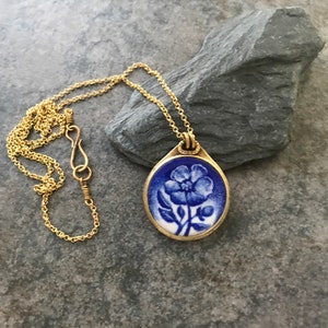 Blue poppy painted in enamel, brass pendant, enameled pendant, brass chain, miniature art, miniature painting, flower jewelry gift for woman