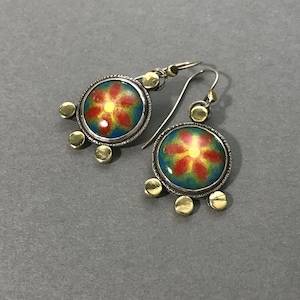 Sterling silver earrings with hand painted hot glass enamel cabochon with abstract flower, enameled jewelry,  sterling silver earrings