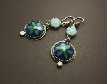 Hand fabricated sterling silver earrings with hand painted hot glass enamel and carved flower, enameled jewelry, sterling silver earrings