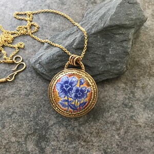 Brass pendant with handpainted enameled flowers, miniature flower paintings on enameled jewelry,brass chain, floral jewelry gift for woman