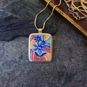 Enameled pendant with abstract flowers painted in enamel, enameled miniature art, abstract painting,  brass painted jewelry gift for woman
