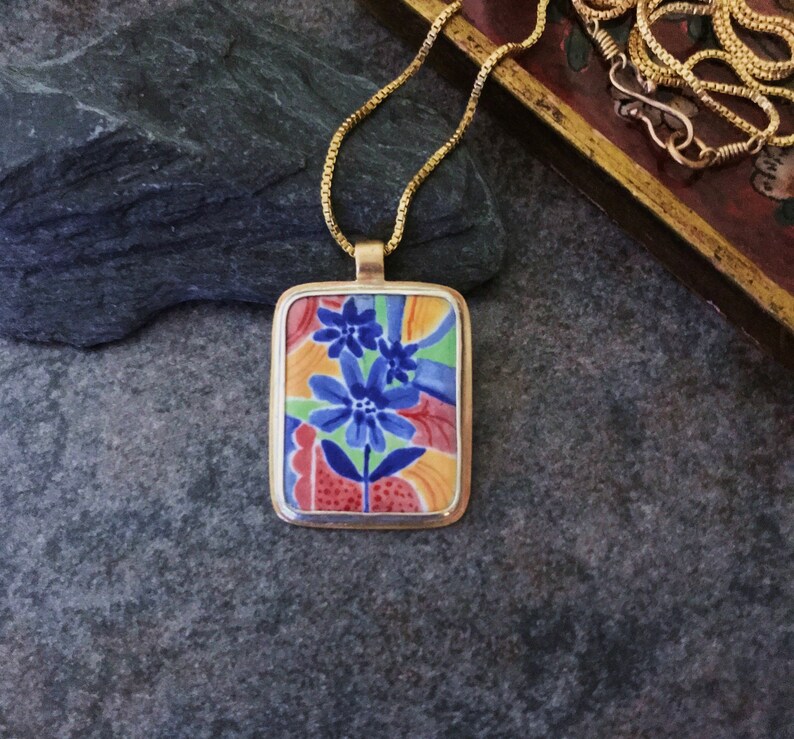 Enameled Pendant With Abstract Flowers Painted in Enamel, Enameled Miniature Art, Abstract