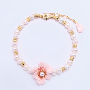 Pink Sakura Pearl Bracelet – Enamel Cherry Blossom Jewelry | Handmade Spring Floral Bracelet | Adjustable