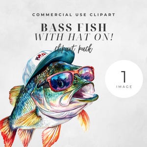 Pez con sombrero y gafas de sol, divertido clip art de pez, diseño de dólar único, arte de ropa de pesca personalizada, PNG transparente, descarga instantánea