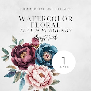 Aquarelle florale bleu sarcelle et bordeaux, pivoines et roses, téléchargement immédiat, PNG transparent, pulvérisation de belles fleurs classique, invitations et cartes