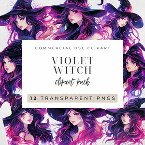 Illustration de sorcière anime, cheveux violets, belle fille, PNG transparent, clipart Halloween, beauté enchanteresse, art d'Halloween, téléchargement immédiat