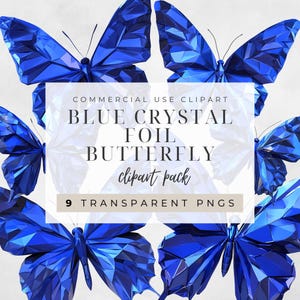 Blaue Kristallfolie Schmetterling Clipart Pack, 9 transparente PNG-Hintergründe, Sofortiger Download 300 DPI, perfekt für elegante und fantasievolle Projekte