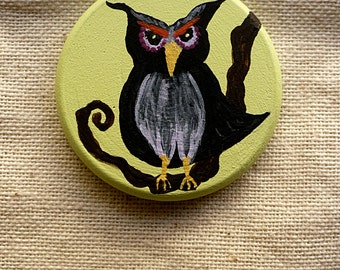 Halloween Owl & Black Skull Miniature Halloween Art - Pocket Charm - OOAK