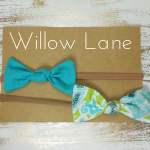 Top Knot Fabric Hairbow Baby Headband, Nylon Headband, Turquoise, Toddler Headband, Newborn Headband, Little Girl Bow, Headband Set, Bow Set