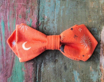 Pumpkin Orange Bow Tie: Cotton Moons and Stars, Pre-Tied