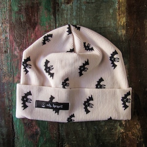 Black and White Bat Beanie • Slouchy Goth Skullcap • Casual Halloween Ribbed Beanie