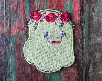Glow In The Dark Ghost With Flower Crown Embroidered Patch • Unique Accessory for Jackets and Bags • Quirky Halloween Present