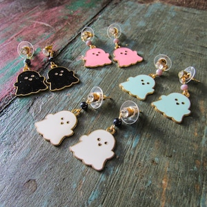Cute Halloween Ghost Earrings • Spooky Jewelry With Colorful Enamel Charm • Choose White, Black, Blue or Pink Ghosts