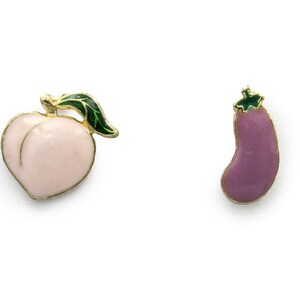 Peach and Eggplant Mismatched Earring Set • Funny Stud Earrings • Emoji Earring Set • Casual Day Fashion • Unique Novelty Jewelry