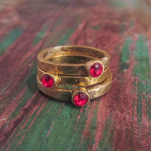 Hammered Antique Gold Ring With Bright Red Crystal Rhinestone • Our Flag Means Death Inspired Jewelry •