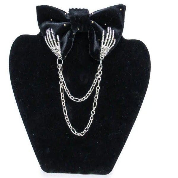 Silver Skeleton Hand Charm Collar Chain • Goth Fashion Neckwear • Bow Tie Brooch Accessory for Halloween