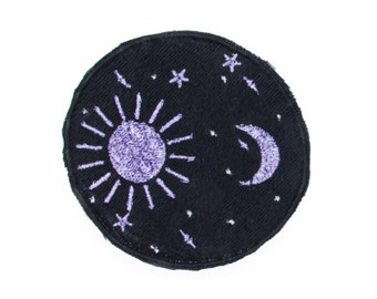 Purple Sun and Moon Embroidered Patch: Celestial Iron On Applique