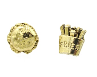 Hamburger and Fries Stud Earrings: Plated Gold Tone Mismatched Jewelry