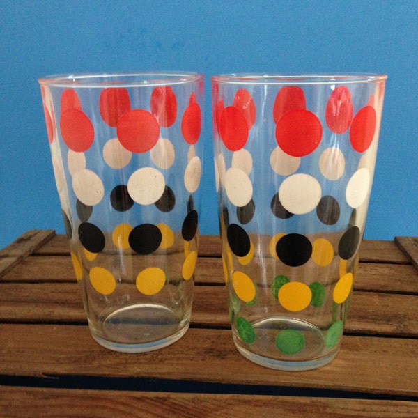 Pair of Hazel Atlas Dot Tumblers - Red White Black Yellow Green