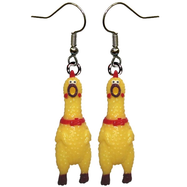 2pc Squawking Rubber Chicken Earrings- Rooster Chick Novelty Gag Joke Jewelry