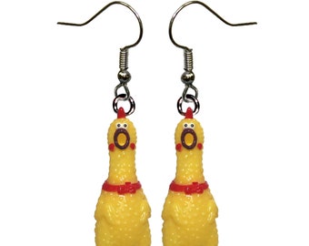 2pc Squawking Rubber Chicken Earrings- Rooster Chick Novelty Gag Joke Jewelry