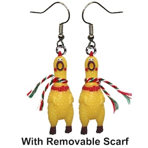 Christmas Squawking Rubber Chicken Earrings- Handmade Rooster Chick Ear Rings with Removable Xmas Scarf Novelty Gag Joke Jewelry