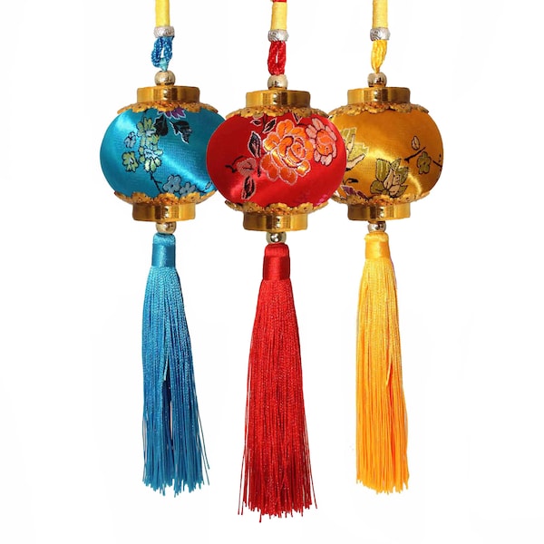 3 pcs Colorful Chinese Lucky Lantern Ornaments - Red, Blue & Yellow Silk Brocade Hanging Charms