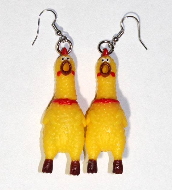 Fun Rubber Chicken Dangle Earrings, Squawking Rooster Jewelry