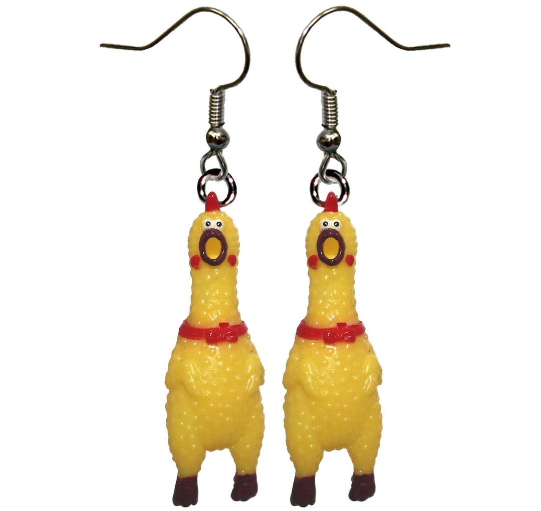2pc Squawking Rubber Chicken Earrings Rooster Chick Novelty Gag Joke
