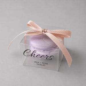 100x Clear Transparent Plastic Wedding Favor Boxes with Personalised Clear Stickers • Single Macaroon Two Macarons Sweets Mini Favour Boxes