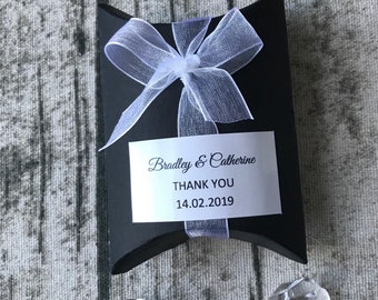 50x Black paper pillow boxes + withe ribbons birthday anniversary wedding party favor thank you stickers candy chocolate sweets lolly boxes