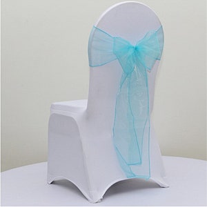 from 25pcs Turquoise Blue Organza Chair Sashes Chair Bow Ties Ribbon Wedding Engagement Birthday Party Reception Ceremony Bouquet Decoration