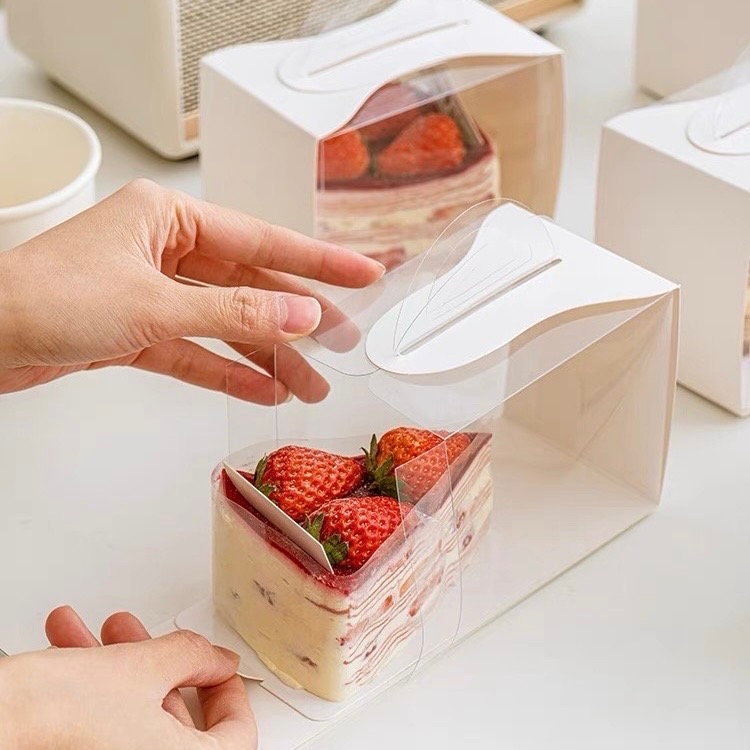 100pcs Cake Slice Clear PET Carrying Favor Box With Base Tray