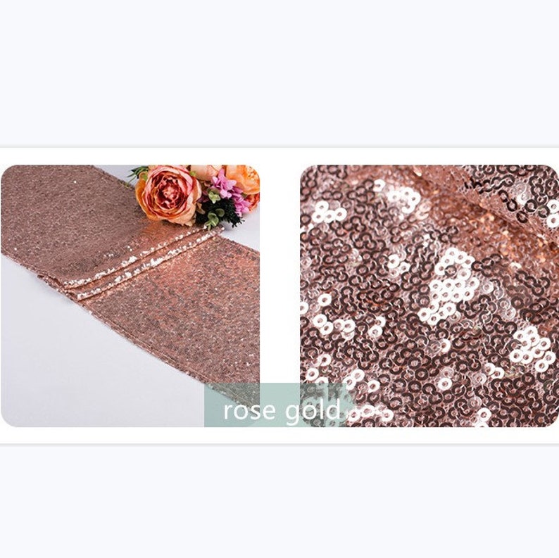 May include: Rose gold sequin table runner. The runner is made of small, shiny sequins and is perfect for adding a touch of glamour to any event.