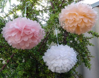 18 Stück gemischte Größe rosa Pfirsich Weiß Seidenpapier Pom Pom - Hängende Dekoration Hochzeit Baby Shower Party Mädchen Geburtstag Sweet 16 Brautparty