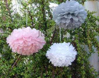 18pcs Mixed Size Pink Grey White Tissue Paper Pom Poms Bows Wedding Baby Shower Party Baptism Engagement Bridal Shower Nursery Decorations