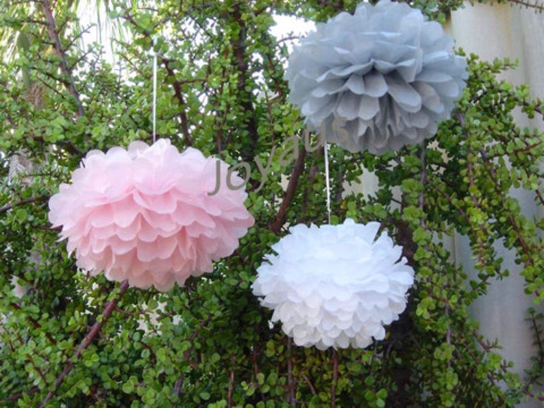 18pcs Mixed Size Pink Grey White Tissue Paper Pom Poms Bows Wedding Baby Shower Party Baptism Engagement Bridal Shower Nursery Decorations image 1