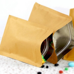 100 Kraftpapiertüten mit Zip-Lock-Dichtung Folie Tint Party Leckerlibeutel Hochzeit Gunst Keks Lolly Schokolade Süßigkeit Weihnachtsgeschenk Kaffeebohne Beutel