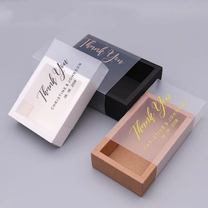 100x Personalised semi-clear Frosty PVC Sleeve Box Match Box Drawer Box | Wedding Party Gold Foil Favor Gift Box | Product Packing Logo Box