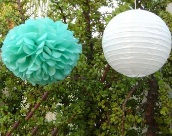 Dark Mint Tissue Pom Poms White Paper Lanterns Wedding Engagement Anniversary Birthday Party Bridal Baby Shower Bar Venue Hanging Decoration