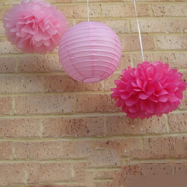 Mixed sizes Tissue Paper Pinks Pom Poms Paper Lanterns Wedding Engagement Girls 1st 21st Birthday Baby Shower Tea Party Bridal Shower Decor