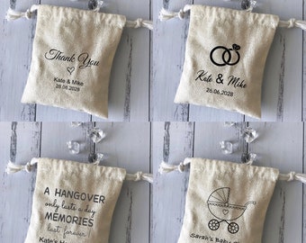 100x Personalised Cotton Linen Pouch Bags | Wedding Monogram Favor Bags Christening Baby Shower Party Gift Bag | Business Logo Packaging Bag